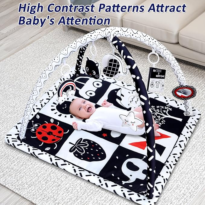 Black and White Baby Gym Play Mat with 6 Toys Tummy Time Activity Mat for Babies 0-6 6-12 Months High Contrast Baby Gyms & Playmats Sensory Toys Newborn Brain Development Infant Play Mat