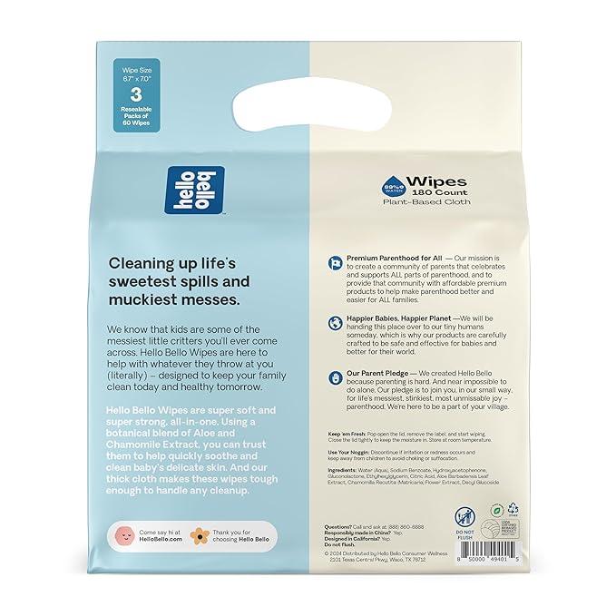 Hello Bello Extra Gentle Unscented Baby Wipes, Plant Based, Made with 99% Water and Aloe for Babies and Kids, 60 Count (Pack of 9) Total 540 Count