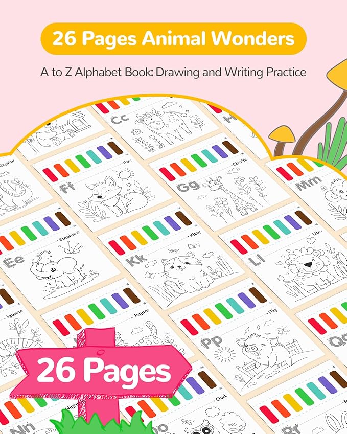 TECJOE Paint with Water Coloring Books for Toddlers, A to Z 26 Pages Animal Watercolor Paint Set with 3 Brushes, Mess Free Painting Activity for Kids Ages 4 5 6 7 8, Christmas Gifts Arts & Crafts Toy