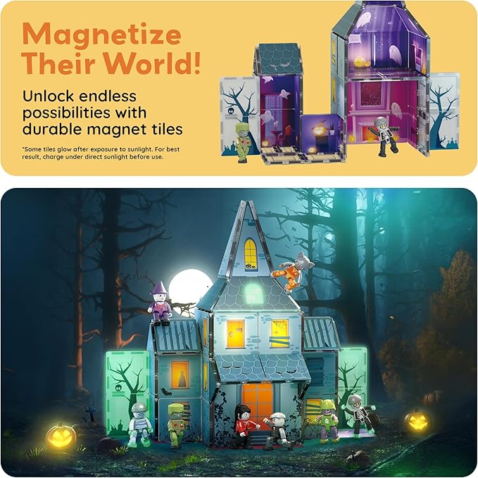 PicassoTiles Haunted House Theme Magnet Tile Building Blocks 8 Action Figures Magnetic Construction Toy Double Sided Printing Education STEM Learning Playset Halloween Adventure Kid Ages 3+ PTQ03