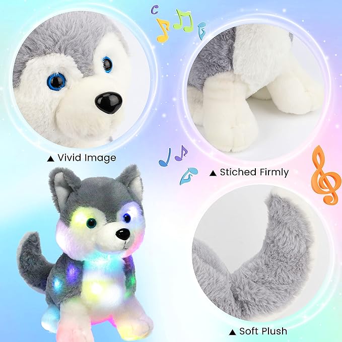 Hopearl LED Musical Stuffed Husky Lighting Up Singing Plush Dog Adjustable Volume Lullaby Animated Soothe Birthday Gifts for Kids Boys Girls, Gray, 12''