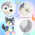 Hopearl LED Musical Stuffed Husky Lighting Up Singing Plush Dog Adjustable Volume Lullaby Animated Soothe Birthday Gifts for Kids Boys Girls, Gray, 12''