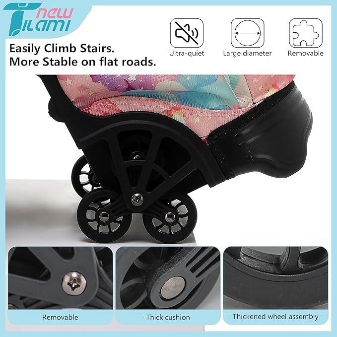 NEW TILAMI Girls 18 inch Rolling Backpack - Large Capacity, Waterproof, Adjustable Handle, Stylish Design, Ideal for School & Travel, Starshine