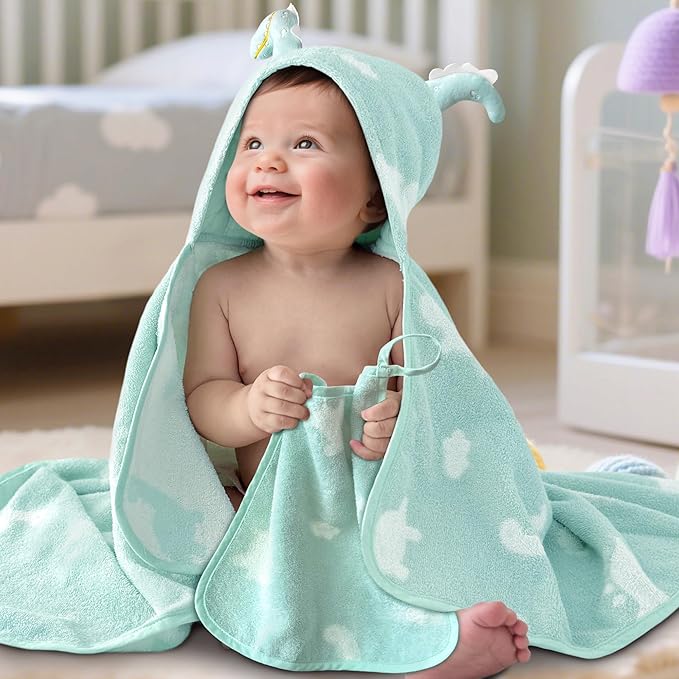 VOOVA & MOVAS Thick Baby Hooded Bath Towel - 100% Cotton,400GSM, 30.5x36 Inches,0-2Years, Super Absorbent Large Towel with Cute Dino Hood for Newborn, Baby, Infant, Dino