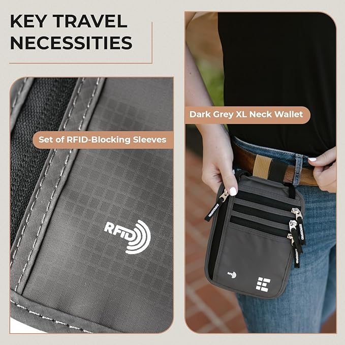Neck Wallet for Travel & Passport Holder with RFID Blocking - Slim & Easy to Conceal Nylon Travel Pouch for men & women - Holds Phone, Cash, Cards, Keys - Sweat & Water Resistant - X-Large - Dark Grey
