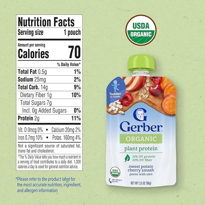 Gerber Toddler Food, Organic Sweet Potato Cherry Smash Puree Pouch, Toddler Pouches, No Added Sweetener, No Artificial Flavors, 12-Pack