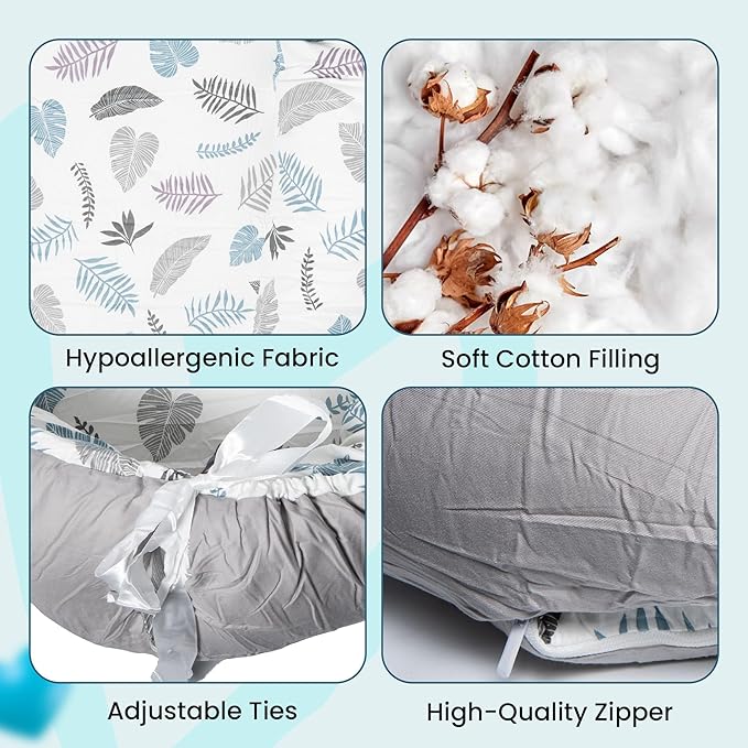 Baby Support Base for Awake Time – Foldable & Soft – 100% Cotton - Machine Washable - Perfect Baby Gift– Breathable & Soft Travel for Baby Boys & Girls (Feathers n Leaves-Grey)
