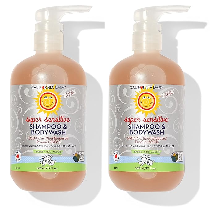 California Baby Super Sensitive Baby Shampoo and Body Wash | 100% Plant-Based | Gentle Fragrance Free Shampoo | Hypoallergenic | 19 Ounce (Pack of 2)