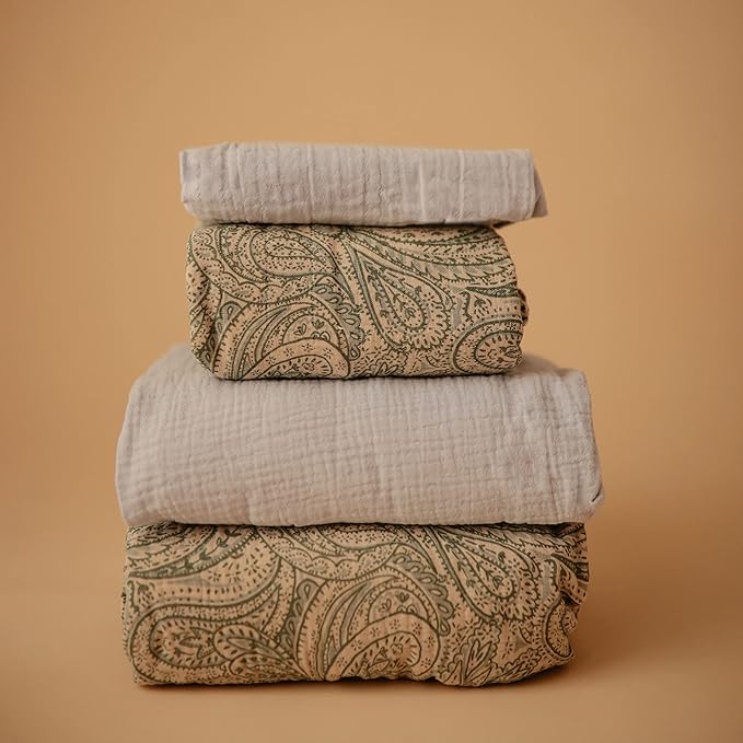 mushie Extra Soft Muslin Fitted Crib Sheet | 192 Thread Count | 28"x 52" (Green Paisley)