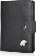 Polare Luxury RFID Blocking Leather Passport Holder Travel Wallet For Men and Women (Black with AirTag Slot(Snap Version))