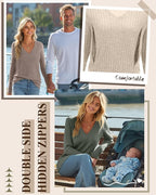 3 Pack Women's Maternity Nursing Tops, V Neck Breastfeeding Sweaters Long Sleeve Hidden Zipper Shirts