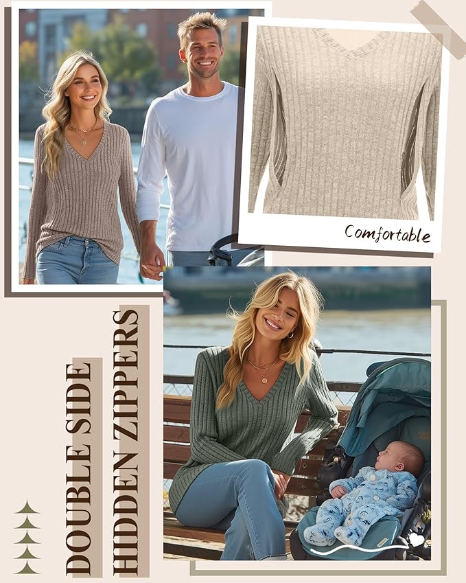 3 Pack Women's Maternity Nursing Tops, V Neck Breastfeeding Sweaters Long Sleeve Hidden Zipper Shirts