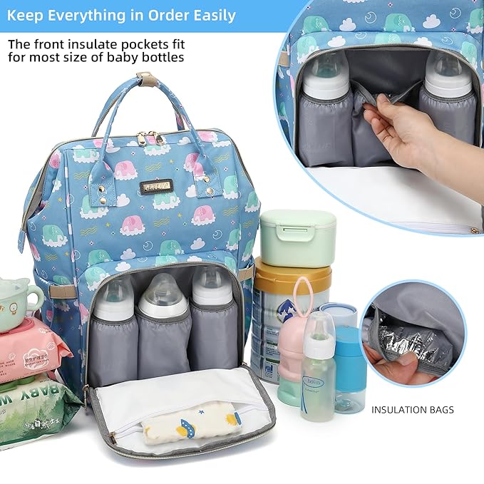 Diaper Bag Backpack, Diaper Bags for Baby Girls Boys, Baby Bags for Moms Dads, Nappy Changing Bag with Insulated Pockets,Multi-functional Waterproof Backpack with Stroller straps-Deep blue elephant