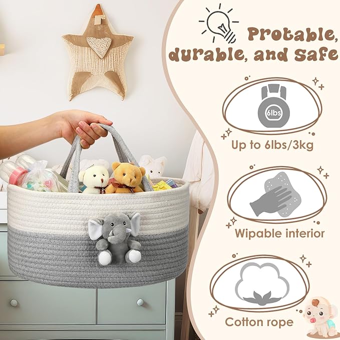 Elephant Diaper Caddy Organizer Cart Storage for Nursery with Handle Baby Shower Basket Gift Baby Bath Caddy for Diapers Wipes Elephant Basket for Nursery(Large)