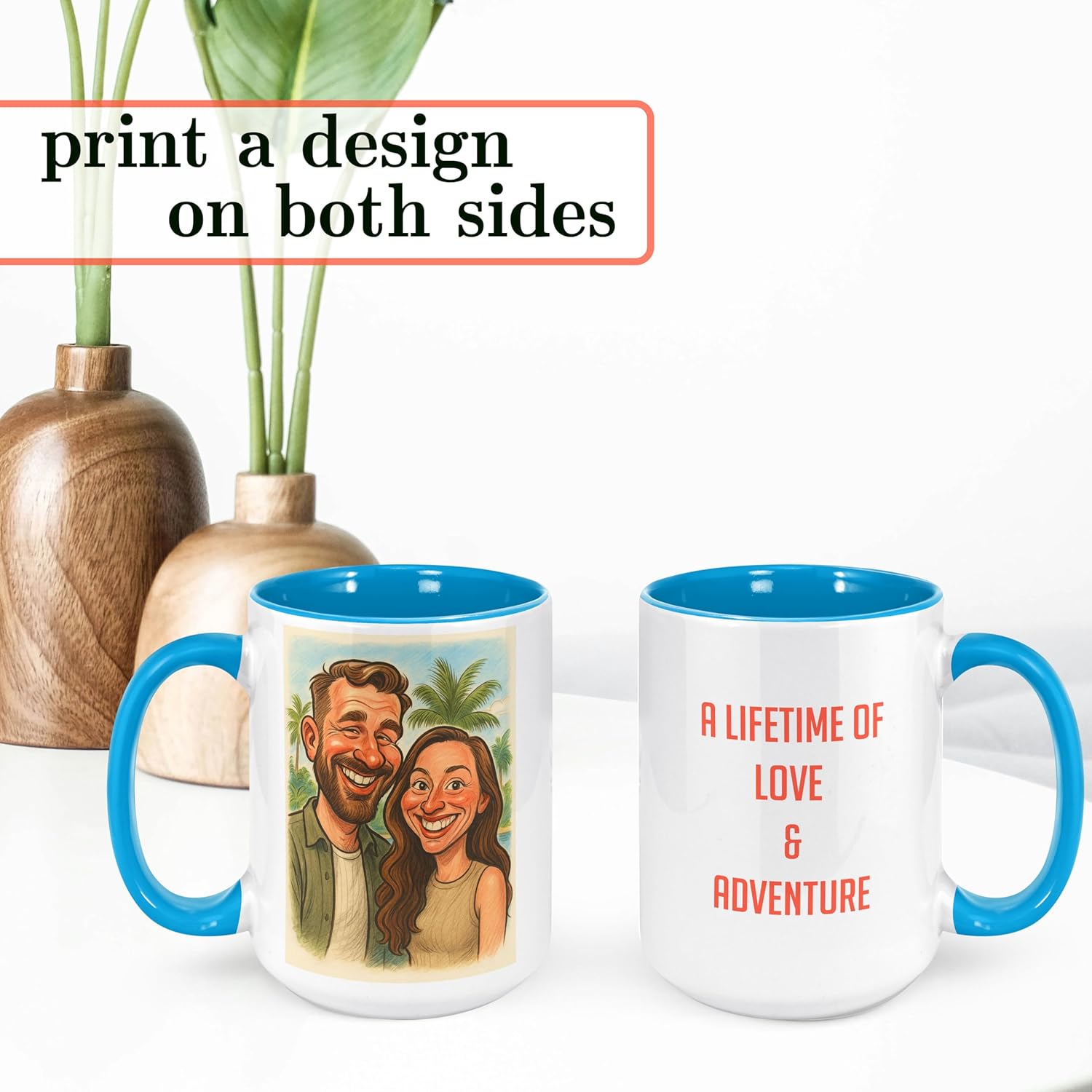 Personalized Coffee Mug, Custom Photo Caricature Gift, Funny Customized Coffee Gift for Men & Women, Custom Mugs with Pictures, Light Blue 15oz Customized Ceramic Tea Cup