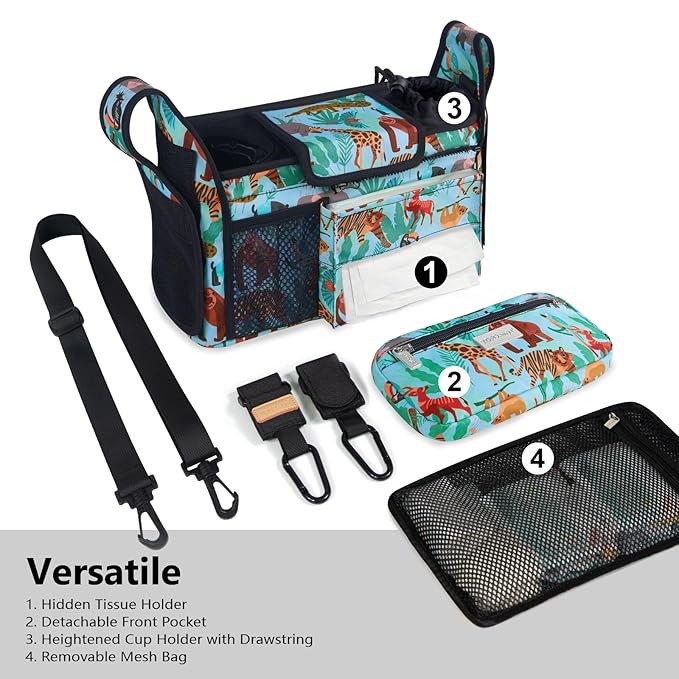 TOPDesign Universal Baby Stroller Organizer, Stroller Caddy with Detachable Mesh Bag & Heightened Insulated Cup Holders & Non-Slip Secure Hooks Accessories, Fits Most Strollers (Tropical Rainforest)