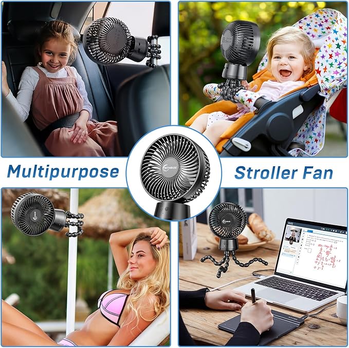 20000mAh Portable Stroller Fan, 120° Auto Oscillation, 3-IN-1 with Power Bank LED Light Detachable Flexible Tripod Rechargeable Battery Powered Clip On Fans Desk for Baby Crib Car Seat Travel