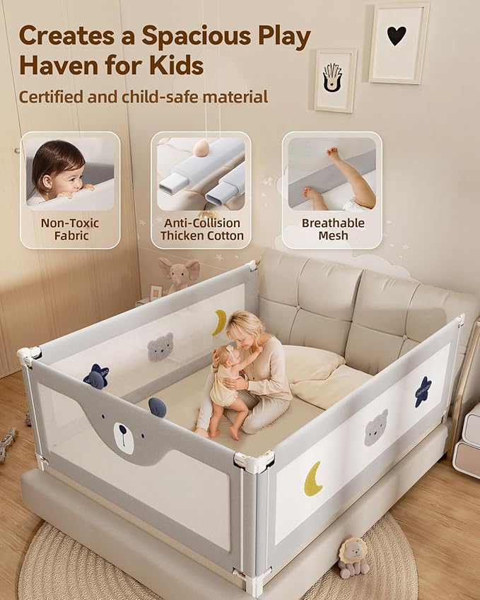 3 Piece Full Size Bed Rails for Toddlers, No-Drill Needed Baby Bed Rail Guard with Height Adjustable, Thickened Child Safety Side Railing Guards/Bedrail for Kids,Grey Bear Cute Design, 54x78.7x78.7in