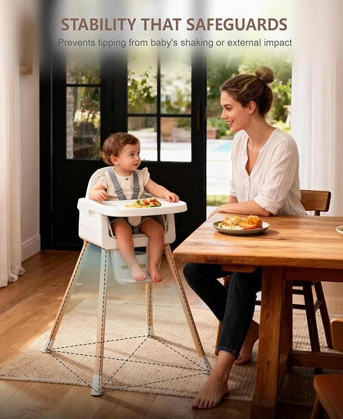 Baby High Chair for 6 Months+, Foldable High Chairs for Babies and Toddlers, Convertible Toddler Chair, Adjustable Tray & Footrest, Lightweight, Stable & Easy to Clean(White with Wood Grain)