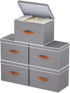 Collapsible Storage Bins with Lids, Linen Foldable Cloth Baskets, 17.7 x 11.8 x 11.8 Inch Closet Organizer Containers with Double Handles, Sweater Boxes for Bedroom, Grey, 5 Pack