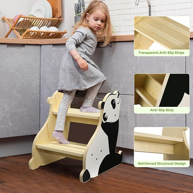 Toddler Step Stool, 2-Step Wooden Step Stool for Toddlers with Non-Slip Base, Cute Printed Design Potty Training Stool for Bathroom Sink, Kitchen & Bedroom (Panda)