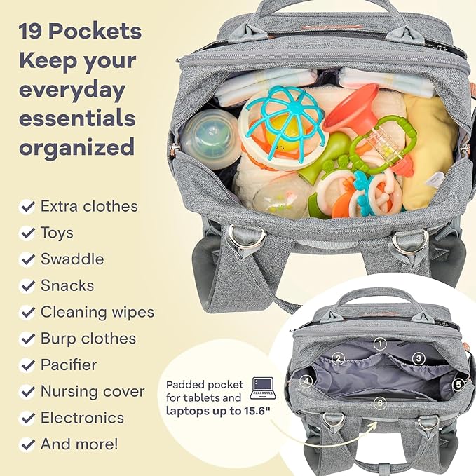 RUVALINO Diaper Bag Backpack-Expandable Baby Bag with up to 50% Capacity -Baby Essentials Bag with Changing Pad Insulated Bottle Holders & Pacifier Case, Waterproof, Gray XL
