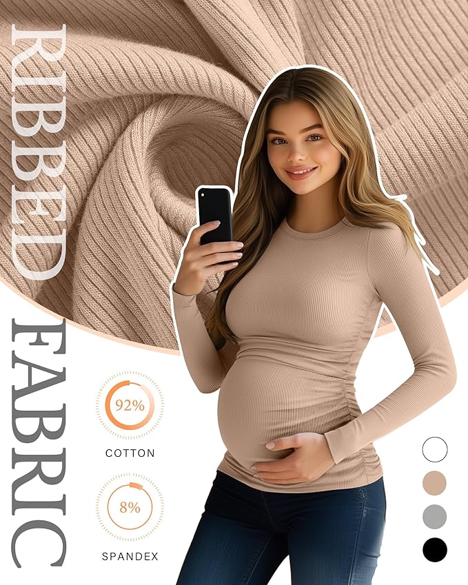 Ficerd 4 Pack Women's Maternity Shirts Cotton Long Sleeve Ribbed Crew Neck Pregnancy Tops Side Ruched Casual Mama Clothes