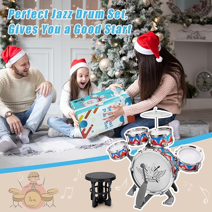 Toddler Drum Set Kids Jazz Drum Kit with Stool Musical Instruments Toys Birthday Chirstmas Easter Gifts for Boys Girls Aged 3 4 5 Year Old