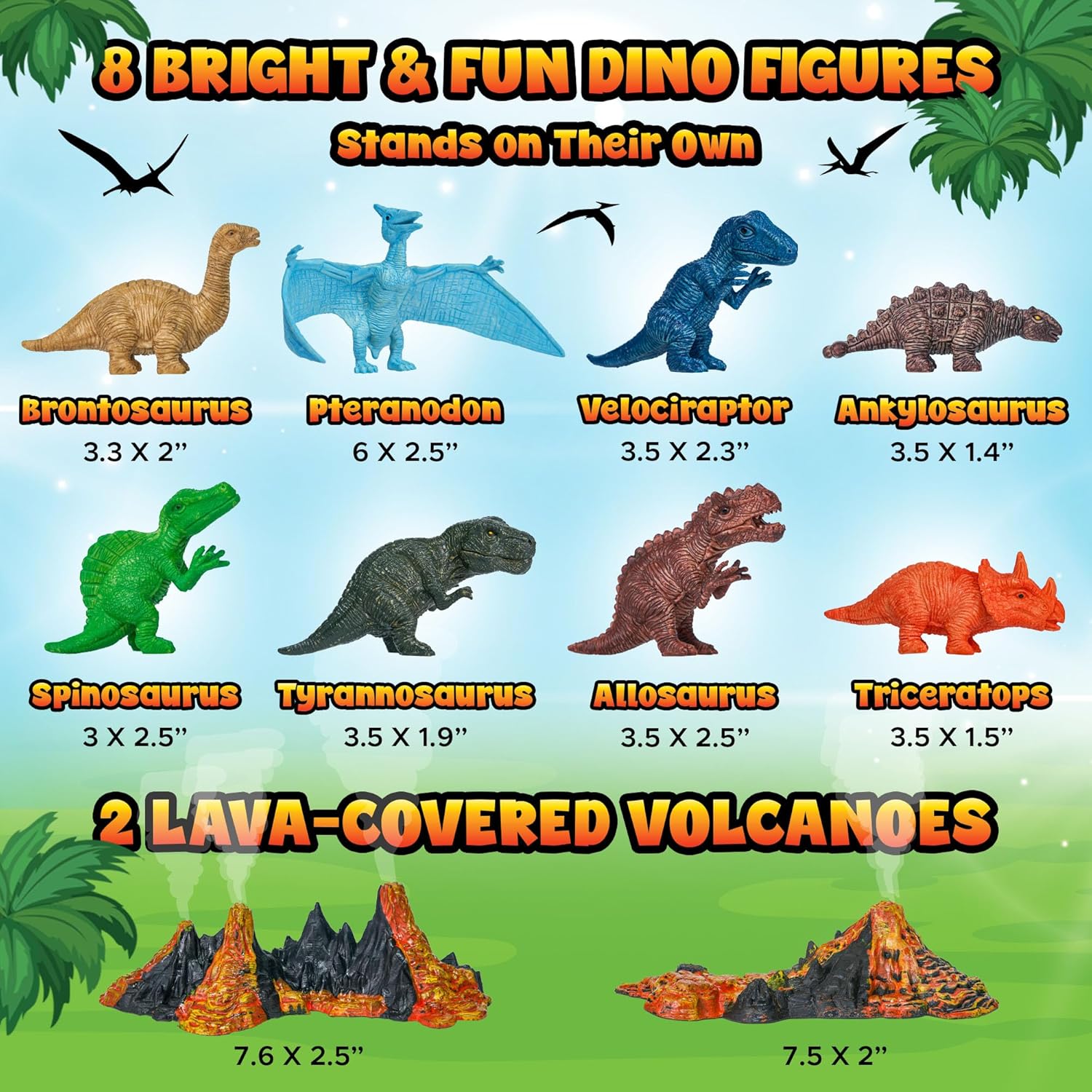 Dinosaurs Carry Case Set - with Play Scenery Inside, 8 Dinosaur Figures & 2 Volcanic Landscape | Toddler Toys for Kids 3-5