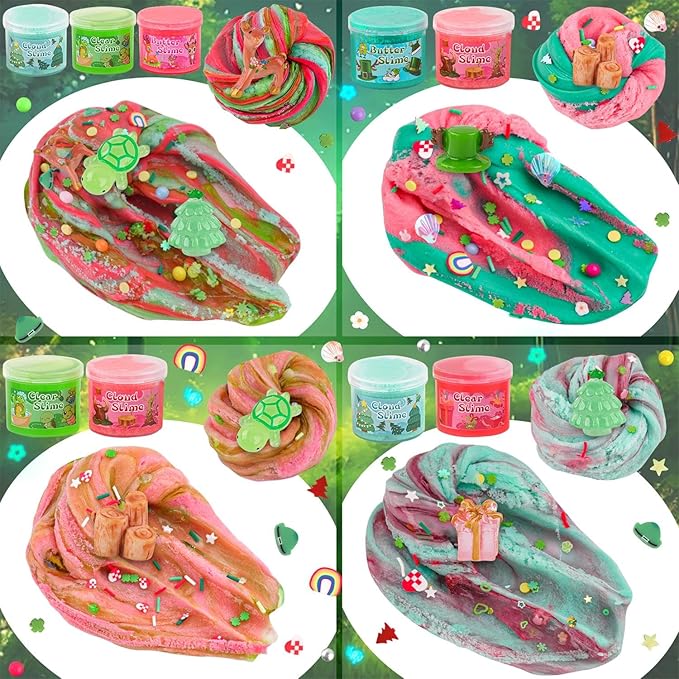 LAWOHO 6 Packs Red & Green Slime for Kids- Clear, Butter, Cloud Slime Making Kit with Glow in The Dark Add-ins & Charms, Slimes Kit for Boys & Girls Party Favors, Birthday Halloween Christmas Easter