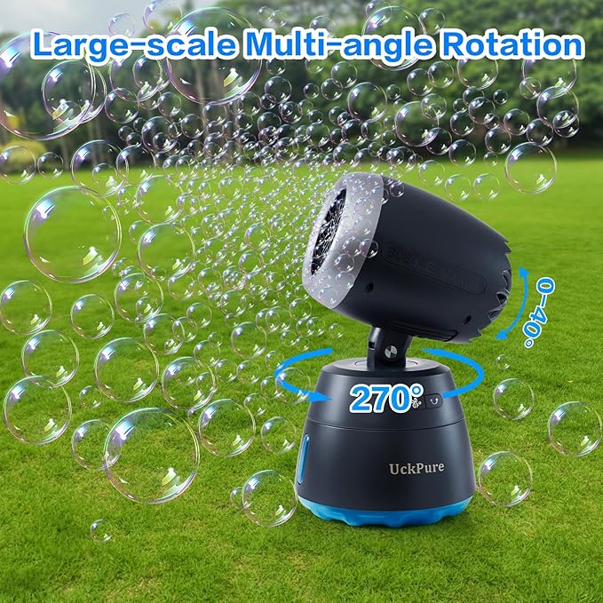 Rechargeble Bubble Machine, 270° Automatic-Rotating, 38000 Big Bubbles/min, 1000ml Large Bubble Tank, 2200mAh Battery, Bubble Maker for Kids Toddlers, Parties, Wedding, Birthday, Outdoor, Black