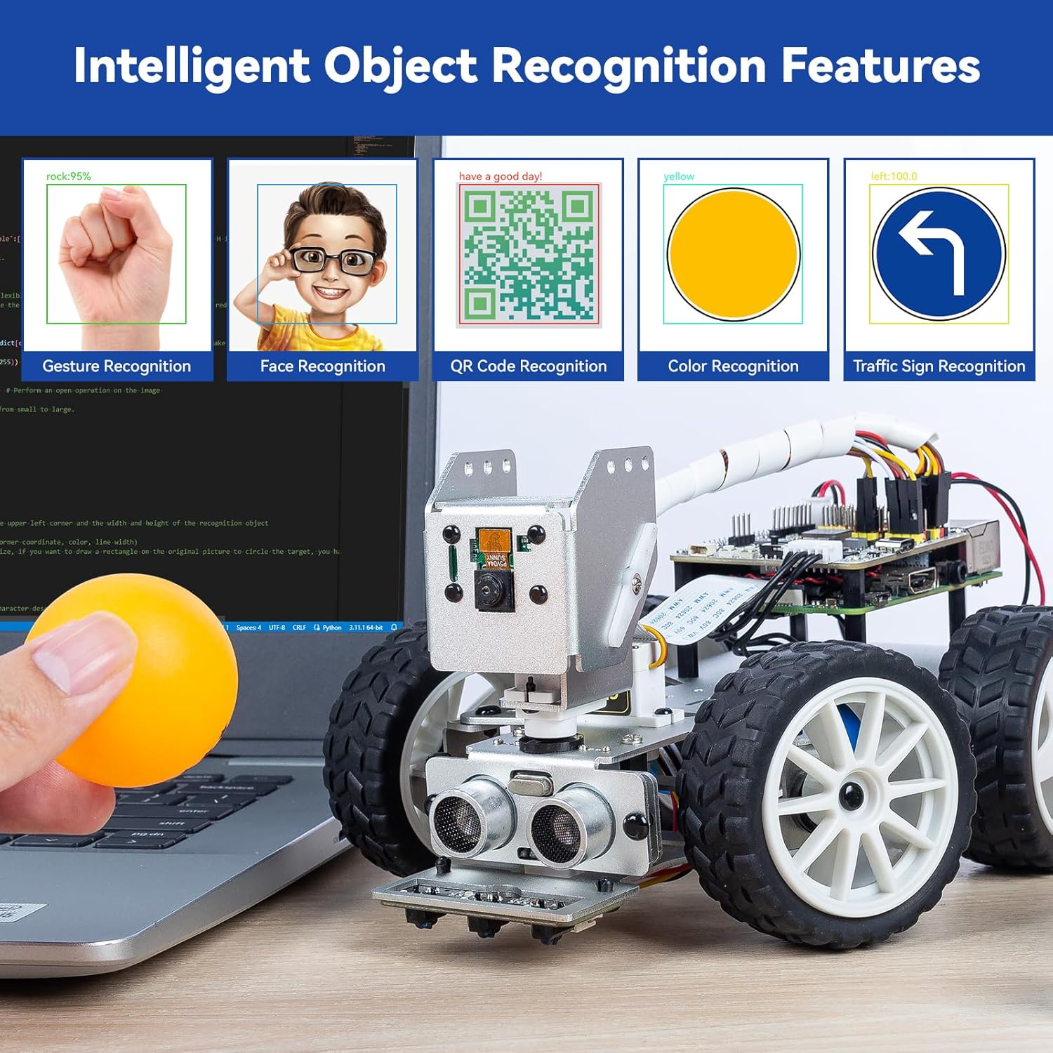 SunFounder PiCar-X AI Video Robot Car Kit for Raspberry Pi 5/4/3B+/3B, ChatGPT-4o Enabled with Video Recognition, Python, Scratch, Camera, Mic, Rechargeable Batterry (RPI NOT Included)
