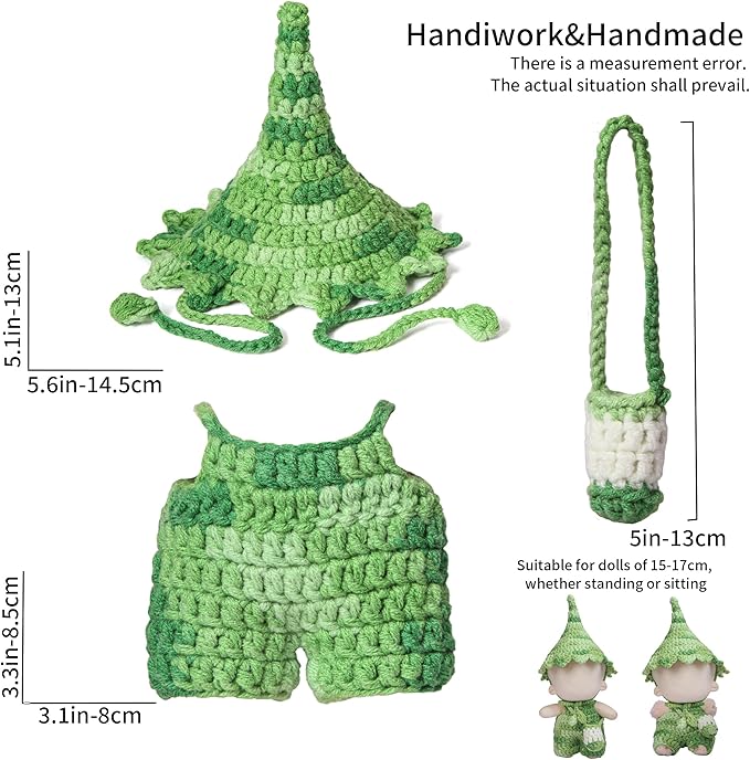 Clothes for 17cm Doll - Handmade Crochet Elf Clothing Accessories with Jumpsuit and hat and Crossbody Bag Compatible 15cm ＆ 17cm Dolls Dress Up (Green)