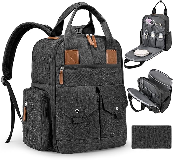 Diaper Bag Backpack - Large Diaper Bag with Portable Changing Pad as Baby Shower Gifts, Lightweight Waterproof Unisex Travel Baby Bag with 4 Insulated Pockets and Stroller Buckles, Black