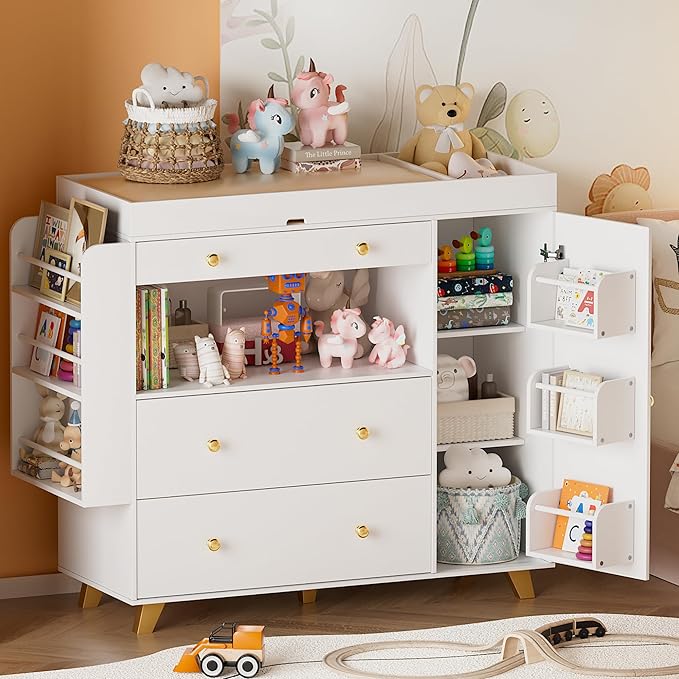 Nursery Dresser with Baby Changing Table, Modern Diaper Changing Station,Dresser for Nursery with 3 Drawers & Shelves, Storage Crib with Changing Table, White