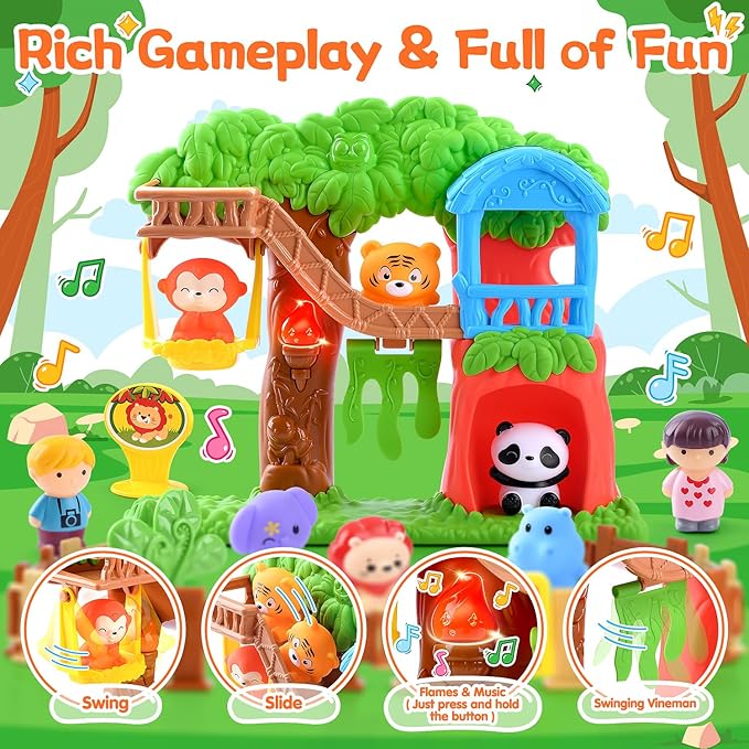 PLAY Safari Animals Figures Toys Playset, 20Pcs Realistic Jungle Forest Zoo Animals Figurines Tree House Playset with Lights & Sounds for Toddlers, Learning Toys Gifts for Girls Boy Ages 18M+