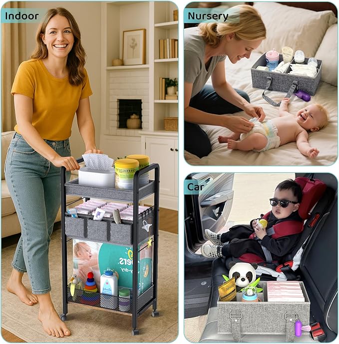 2IN1 Baby Diaper Caddy Organizer-3 Tier Rolling Storage Cart with Dividers - Bedside Diaper Caddy Cart for Baby Nursery Newborn Essentials-Mobile Utility Carts with Wheels for Changing Table