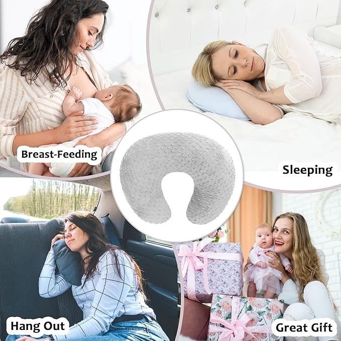 LAT Nursing Pillow for Breastfeeding with Removable Minky Cover,Ergonomic Breast Feeding Pillows for Mom and Baby,Machine Washable(Grey)