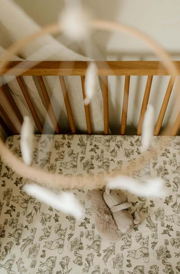 Oilo Crib Sheet, Breathable, Fitted, Organic Cotton Jersey, 300-Thread, Machine Wash, Fits Standard Crib (28" x 52" x 6"), Toddler Bedding, Heirloom Organic Collection, Woodland Animals