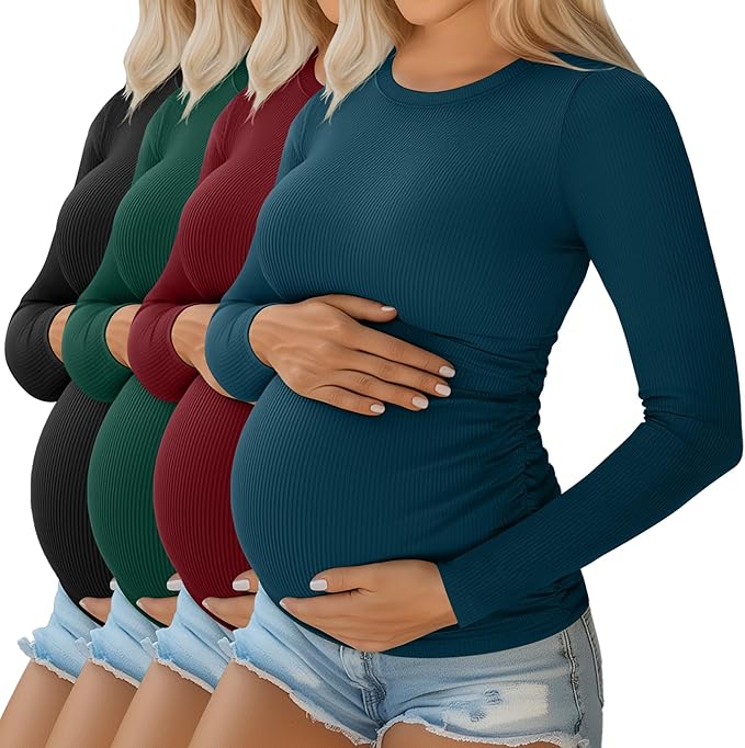 Ficerd 4 Pack Women's Maternity Shirts Cotton Long Sleeve Ribbed Crew Neck Pregnancy Tops Side Ruched Casual Mama Clothes
