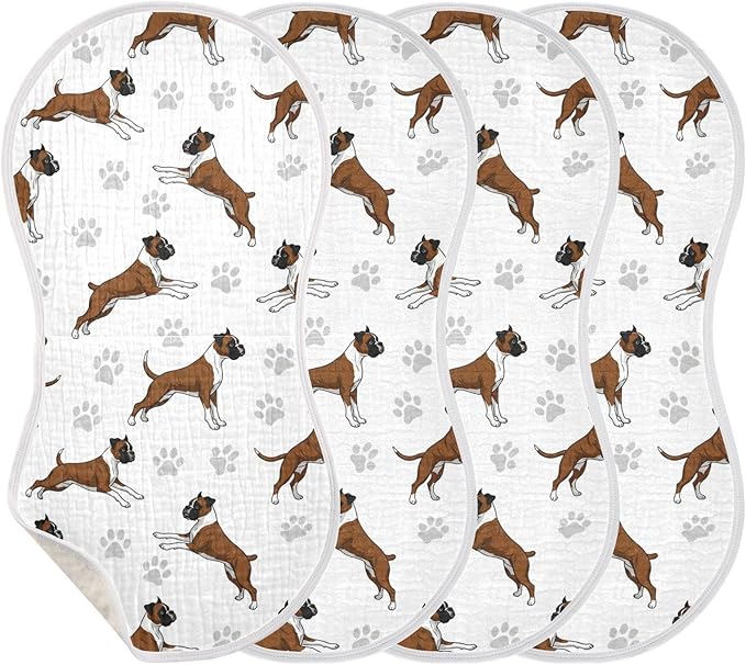 4 Pack Muslin Burp Cloths Boxer Dogs White Cotton Baby Burp Cloths Ultra Absorbent Soft Thick Burping Cloth for Newborn Babies Boys Girls 22x11 Inch