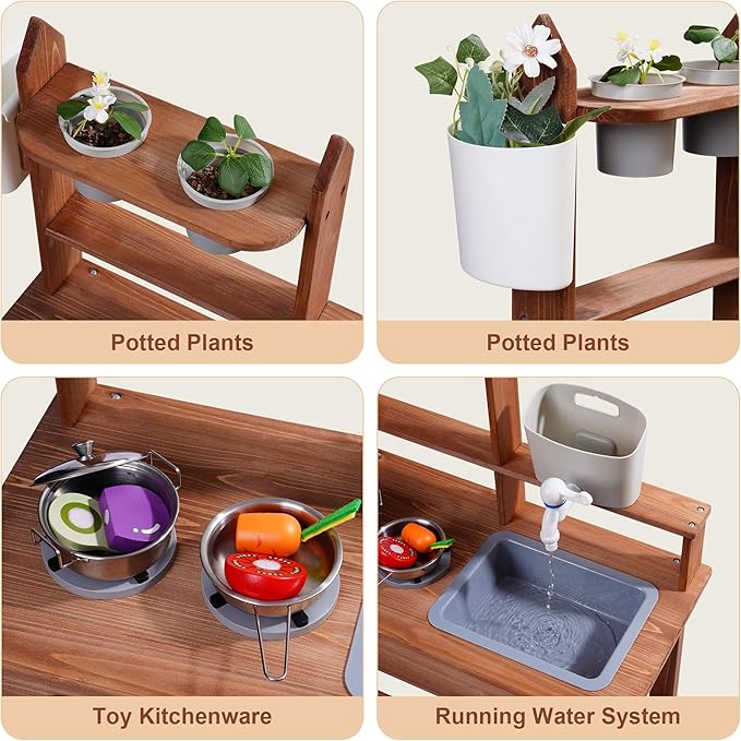 ROBOTIME Mud Kitchen for Kids Outdoor, Wooden Kids Kitchen Playset, Outdoor Play Kitchen with Removable Sink, Faucet, Cooking Accessories, Stove, Fun Backyard Outdoor Kitchen for Boys Girls 3+