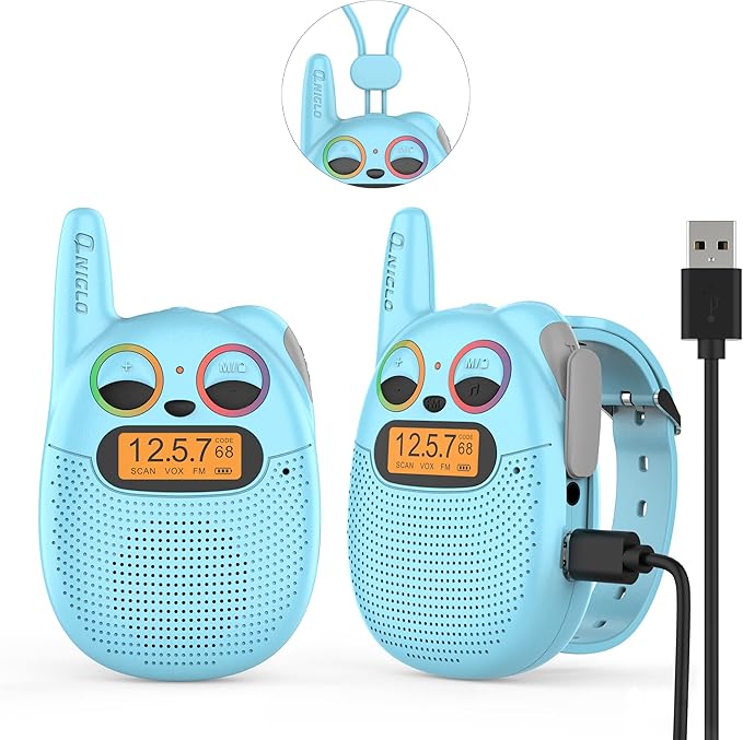 Qniglo Walkie Talkies for Kids Rechargeable 2 Pack,Christmas Birthday Gifts Toys for Age 3-12 Boys Girls, Long Range Kids Walkie-Talkie with FM Radio for Family Adventure Camping Hiking Spy Games