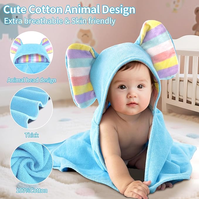 VOOVA & MOVAS Thick Baby Hooded Bath Towel - 100% Cotton,500GSM, 33x31.5 Inches,0-2Years, Super Absorbent Large Towel with Cute Elephant Ears Hood for Newborn,Toddler,Infant, Baby Blue