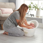 Shnuggle Newborn Bath Essentials Bundle | Baby Bath with Support Bump and Soft Backrest & Rinse Jug | Safe, Gentle, and Stylish Bathtime Set for Babies & Toddlers | Taupe