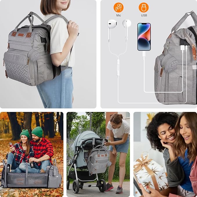 Baby Diaper Bag, Backpack with Changing Table, Unisex Baby Bag, with Diaper Pad, USB Charging Port, Insulated Pacifier Case, Multifunctional Waterproof Travel Diaper Bag, Gift for Newborn Baby (Grey)