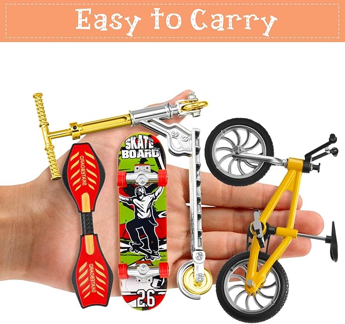 Skylety 31 Pieces Mini Finger Toys Set for Boy Girl Includes 6 Finger Skateboards, 4 Bikes, 2 Mini Scooters 4 Swing Board 8 Matched Wheels 7 Tool Accessories Educational Toy Party Favor(Cool)