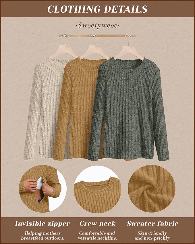 3 Pack Women's Nursing Long Sleeve Tops Breastfeeding Thermal Sweaters with Hidden Zipper Maternity Ribbed Shirts