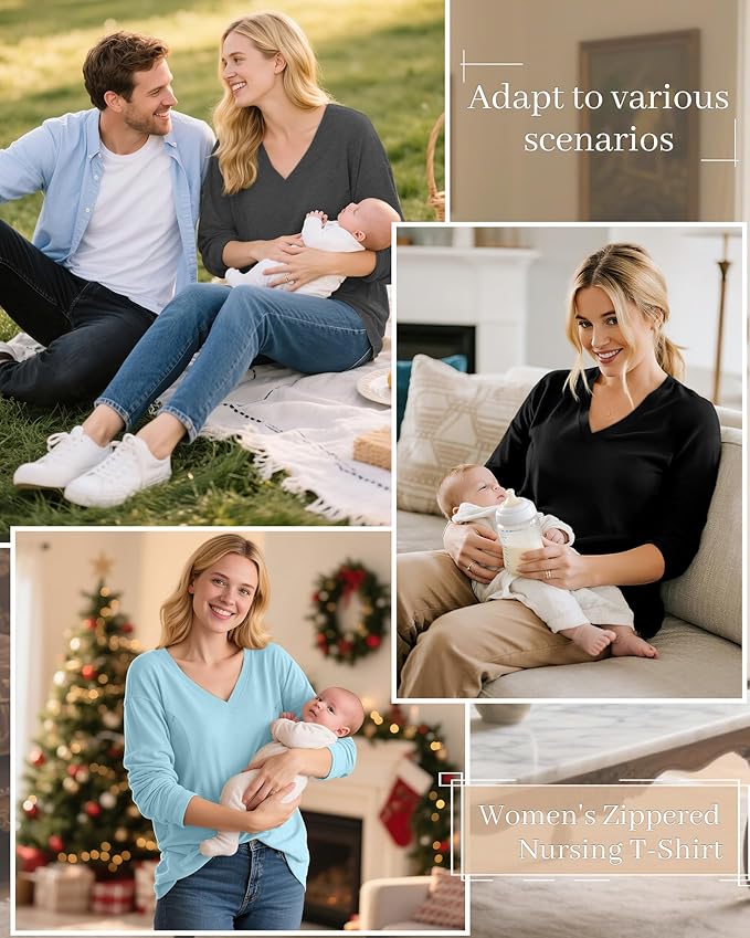 3 Pack Women's Oversize Nursing Shirts for Breastfeeding with Hidden Zippers Loose Fit Long Sleeve Maternity Tops
