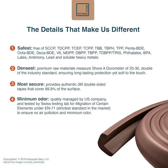 Roving Cove HeftyFit Edge Protector for Baby Proofing (6ft Large Edge Only), Heavy-Duty Soft Rubber Foam Furniture Edge Bumper Guards, Desk Edge Cushion, Wall Corner Covers, 3M Adhesive, Coffee Brown